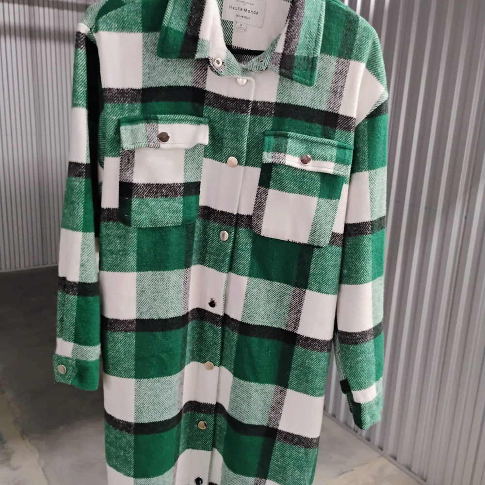 Haute Monde Green and White Plaid Shirt Jacket